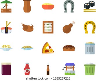 Color flat icon set jugful flat vector, sauce, spaghetti, pizza, porridge, pie, chicken, fish rolls, sashimi, jam, ketchup, well, horseshoe, abacus, trash can