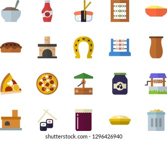 Color flat icon set jugful flat vector, pizza, porridge, pie, fish rolls, sashimi, jam, ketchup, well, horseshoe, fireplace, abacus, trash can