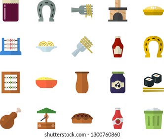 Color flat icon set jugful flat vector, ketchup, spaghetti on a fork, porridge, pie, chicken, fish rolls, jam, well, horseshoe, fireplace, abacus, trash can