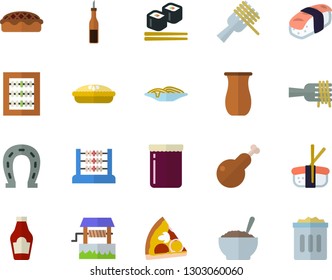 Color flat icon set jugful flat vector, ketchup, sauce, spaghetti on a fork, pizza, porridge, pie, chicken, fish rolls, sashimi, jam, well, horseshoe, abacus, trash can