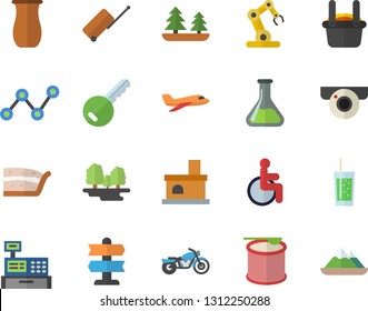 Color flat icon set jugful flat vector, piece of cake, soda, fireplace, chemistry, forest, metallurgy, scatter chart, cash machine, disabled, industrial robot, steroids, aircraft fector, motorcycle