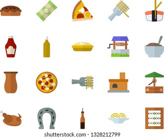 Color flat icon set jugful flat vector, spaghetti, ketchup, sauce, on a fork, pizza, porridge, pie, chicken, sashimi, mustard, well, horseshoe, fireplace, abacus