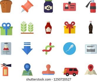 Color flat icon set ketchup flat vector, bread, lemonade, jam, present, trucking, barcode, DNA, sperm, badge, pushpin, ear, download, stamp, fire extinguisher, location