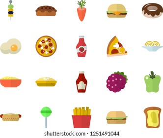 Color flat icon set ketchup flat vector, spaghetti, hamburger, hot dog, pizza, donut, porridge, pie, lollipop, carrot, bell pepper, French fries, scrambled eggs, blackberry, canape, sandwich