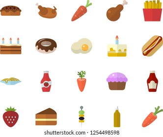 Color flat icon set ketchup flat vector, spaghetti, hot dog, cupcake, piece of cake, donut, pie, chicken, carrot, French fries, scrambled eggs, Strawberry, canape, mustard