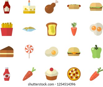 Color flat icon set ketchup flat vector, spaghetti, hamburger, hot dog, pizza, cupcake, piece of cake, chicken, lollipop, carrot, bell pepper, French fries, scrambled eggs, sandwich