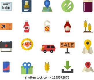 Color flat icon set ketchup flat vector, lemonade, jam, ear, location, present, sell out, trucking, barcode, sperm, badge, stamp, ticket fector, do not disturb, download