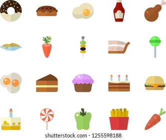 Color flat icon set ketchup flat vector, spaghetti, hamburger, cupcake, piece of cake, donut, pie, chicken, lollipop, carrot, bell pepper, French fries, scrambled eggs, canape