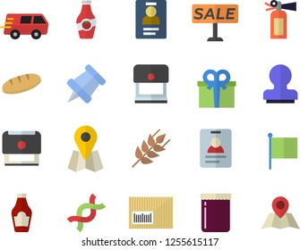 Color flat icon set ketchup flat vector, ear, bread, jam, location, flag, present, sell out, trucking, barcode, DNA, badge, stamp, pushpin, fire extinguisher