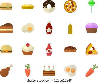 Color flat icon set ketchup flat vector, hamburger, pizza, cupcake, piece of cake, donut, pie, chicken, lollipop, carrot, scrambled eggs, mustard