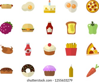 Color flat icon set ketchup flat vector, hamburger, hot dog, pizza, cupcake, cake, donut, pie, chicken, bell pepper, French fries, scrambled eggs, blackberry, mustard, sandwich, carrot