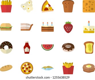 Color flat icon set ketchup flat vector, cheese, bread, watermelon, spaghetti, hamburger, pizza, piece of cake, donut, French fries, popcorn, Strawberry, sandwich, pancakes