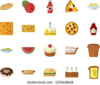 Color flat icon set ketchup flat vector, cheese, bread, watermelon, spaghetti, hamburger, hot dog, pizza, cupcake, piece of cake, donut, cranberry, sandwich