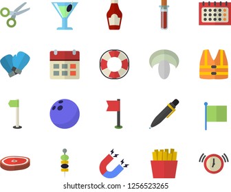 Color flat icon set ketchup flat vector, mushroom, chop, French fries, cocktail, canape, flag, calendar, blood test, pen, magnet, bowling ball, sports, boxing gloves, life vest fector, lifebuoy