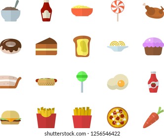 Color flat icon set ketchup flat vector, spaghetti, hamburger, hot dog, pizza, cupcake, piece of cake, donut, porridge, chicken, lollipop, French fries, scrambled eggs, sandwich, carrot