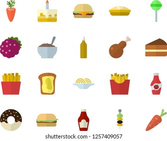 Color flat icon set ketchup flat vector, spaghetti, hamburger, piece of cake, donut, porridge, pie, chicken, lollipop, carrot, French fries, blackberry, canape, mustard, sandwich