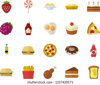 Color flat icon set ketchup flat vector, spaghetti, hamburger, pizza, cupcake, piece of cake, donut, pie, chicken, lollipop, French fries, scrambled eggs, Strawberry, blackberry, canape, sandwich