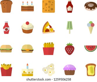 Color flat icon set ketchup flat vector, cheese, bread, watermelon, hamburger, pizza, cupcake, cake, donut, French fries, popcorn, ice cream, Strawberry, sandwich