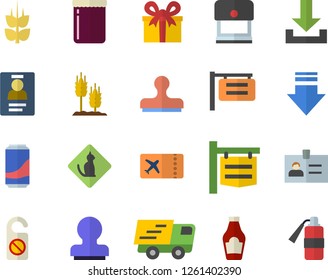 Color flat icon set ketchup flat vector, lemonade, jam, ear, signboard, present, trucking, badge, stamp, ticket fector, pets allowed, do not disturb, download, fire extinguisher