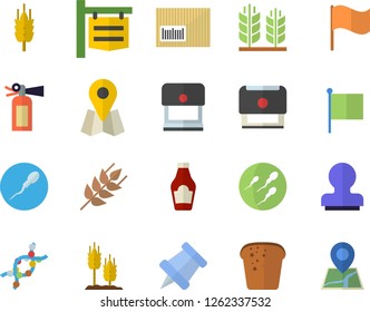 Color flat icon set ketchup flat vector, ear, bread, signboard, location, flag, barcode, DNA, sperm, stamp, pushpin, fire extinguisher