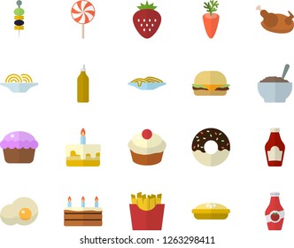 Color flat icon set ketchup flat vector, spaghetti, hamburger, cupcake, cake, donut, porridge, pie, chicken, lollipop, carrot, French fries, scrambled eggs, Strawberry, canape, mustard