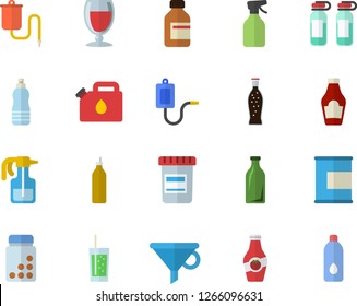 Color flat icon set ketchup flat vector, lemonade, wine, soda, mustard, pulverizer, canister, glass bottles, funnel, vial, medical warmer, ampoule, vitamins, proteins, water