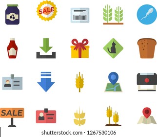 Color flat icon set ketchup flat vector, bread, jam, ear, present, sell out, barcode, sperm, badge, stamp, pets allowed fector, download, location