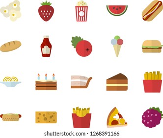 Color flat icon set ketchup flat vector, cheese, bread, watermelon, spaghetti, hamburger, hot dog, pizza, piece of cake, French fries, popcorn, ice cream, cranberry, Strawberry, blackberry
