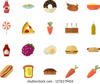 Color flat icon set ketchup flat vector, spaghetti, hamburger, hot dog, pizza, cake, donut, porridge, pie, chicken, lollipop, carrot, scrambled eggs, blackberry, mustard, sandwich