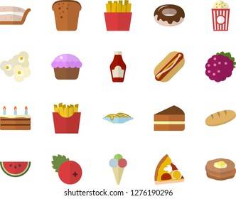 Color flat icon set ketchup flat vector, bread, watermelon, spaghetti, hot dog, pizza, cupcake, piece of cake, donut, French fries, popcorn, ice cream, cranberry, blackberry, pancakes