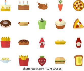 Color flat icon set ketchup flat vector, spaghetti, hamburger, hot dog, pizza, cupcake, cake, donut, pie, chicken, carrot, bell pepper, French fries, Strawberry, sandwich