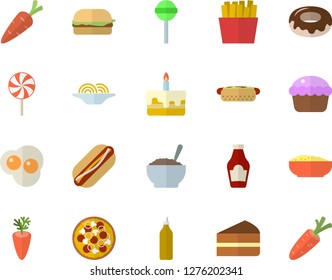 Color flat icon set ketchup flat vector, spaghetti, hamburger, hot dog, pizza, cupcake, piece of cake, donut, porridge, lollipop, carrot, French fries, scrambled eggs, mustard