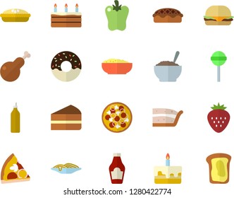 Color flat icon set ketchup flat vector, spaghetti, hamburger, pizza, piece of cake, donut, porridge, pie, chicken, lollipop, bell pepper, Strawberry, mustard, sandwich