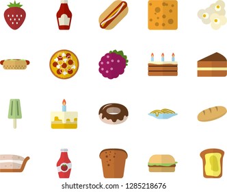 Color flat icon set ketchup flat vector, cheese, bread, spaghetti, hamburger, hot dog, pizza, piece of cake, donut, popcorn, ice cream, Strawberry, blackberry, sandwich