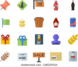 Color flat icon set ketchup flat vector, ear, bread, lemonade, signboard, flag, present, sell out, barcode, badge, stamp, pushpin, pets allowed fector