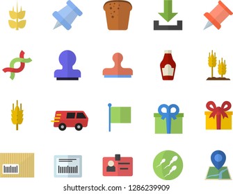 Color flat icon set ketchup flat vector, bread, ear, flag, present, trucking, barcode, DNA, sperm, badge, stamp, pushpin, download, location