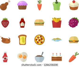 Color flat icon set ketchup flat vector, spaghetti, hamburger, pizza, cupcake, cake, porridge, chicken, carrot, bell pepper, French fries, scrambled eggs, Strawberry, blackberry, sandwich