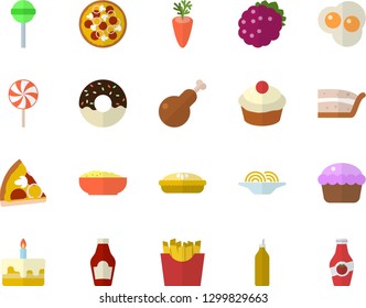 Color flat icon set ketchup flat vector, spaghetti, pizza, cupcake, piece of cake, donut, porridge, pie, chicken, lollipop, carrot, French fries, scrambled eggs, blackberry, mustard
