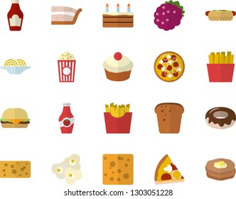 Color flat icon set ketchup flat vector, cheese, bread, spaghetti, hamburger, hot dog, pizza, cupcake, piece of cake, donut, French fries, popcorn, blackberry, pancakes