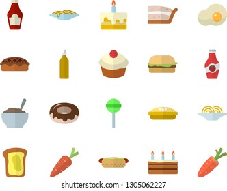 Color flat icon set ketchup flat vector, spaghetti, hamburger, hot dog, cupcake, piece of cake, donut, porridge, pie, lollipop, scrambled eggs, mustard, sandwich, carrot