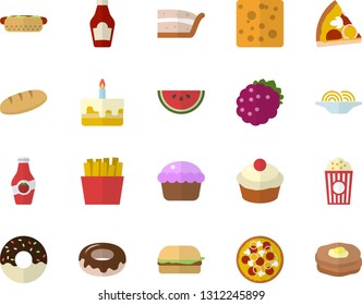 Color flat icon set ketchup flat vector, cheese, bread, watermelon, spaghetti, hamburger, hot dog, pizza, cupcake, piece of cake, donut, French fries, popcorn, blackberry, pancakes