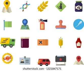 Color flat icon set ketchup flat vector, jam, ear, location, flag, sell out, trucking, DNA, sperm, stamp, ticket fector, pets allowed, badge, fire extinguisher