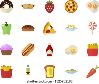 Color flat icon set ketchup flat vector, spaghetti, hot dog, pizza, cupcake, donut, pie, lollipop, bell pepper, French fries, scrambled eggs, Strawberry, canape, sandwich, carrot