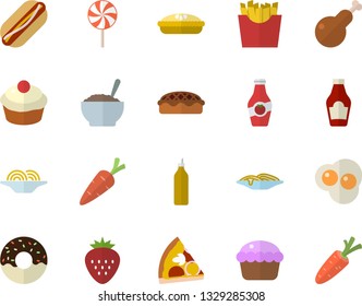 Color flat icon set ketchup flat vector, spaghetti, hot dog, pizza, cupcake, donut, porridge, pie, chicken, lollipop, French fries, scrambled eggs, Strawberry, mustard, carrot