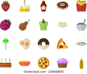 Color flat icon set ketchup flat vector, spaghetti, pizza, cupcake, cake, donut, porridge, chicken, lollipop, bell pepper, French fries, scrambled eggs, Strawberry, blackberry, mustard