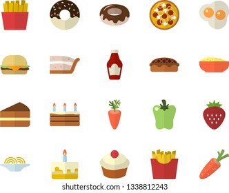 Color flat icon set ketchup flat vector, spaghetti, hamburger, pizza, cupcake, piece of cake, donut, porridge, pie, carrot, bell pepper, French fries, scrambled eggs, Strawberry