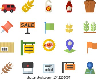 Color flat icon set ketchup flat vector, ear, bread, signboard, location, flag, sell out, trucking, barcode, pushpin, do not disturb fector, stamp
