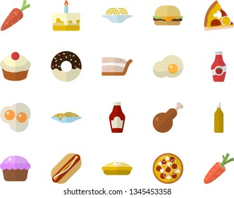 Color flat icon set ketchup flat vector, spaghetti, hamburger, hot dog, pizza, cupcake, piece of cake, donut, pie, chicken, scrambled eggs, mustard, carrot