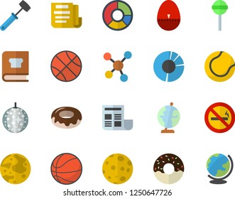 Color flat icon set kitchen egg timer flat vector, meat hammer, cookbook, donut, lollipop, molecules, clircle diagram, document, moon, globe, basketball, tennis ball, disco fector, no smoking