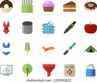 Color flat icon set kitchen spatula flat vector, tomato, cupcake, piece of cake, donut, ice cream, seeds, tree, fabric manufacture, pipe production, funnel, computer chart, pen, swimsuit, tent, lock